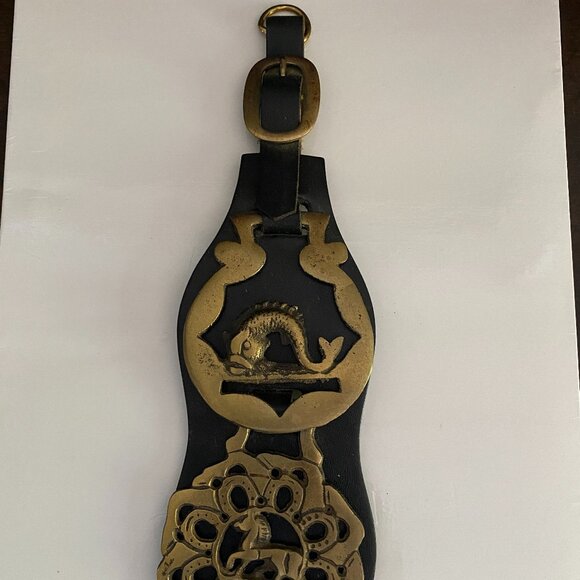 Leather and Brass vintage equestrian medallion fish and horse designs
